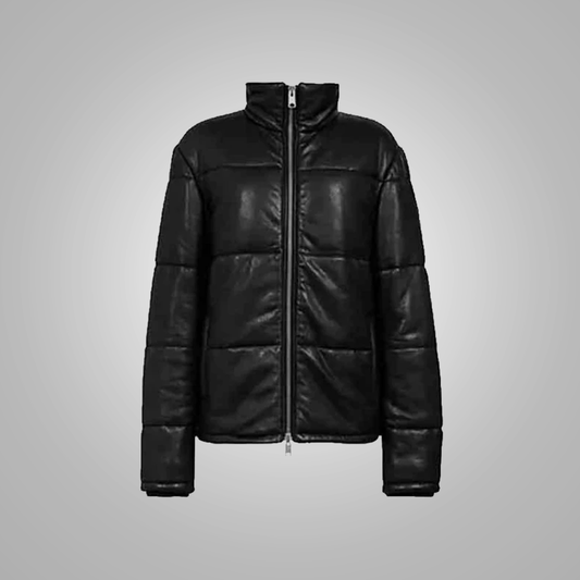 New Black Leather Puffer Jacket For Men