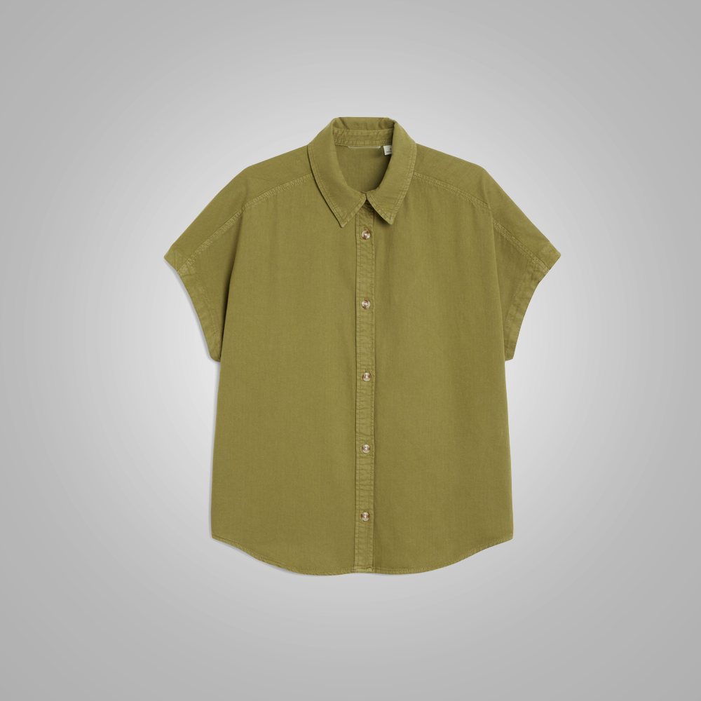 New Women Boxy Khaki Green Classic Buttoned Denim Shirts
