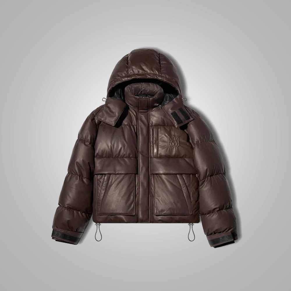 Men Parka & Puffer Brown Leather Jacket With Hoodie