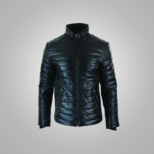 New Black Genuine Quilted Leather Puffer Zipped Jacket Casual For Men