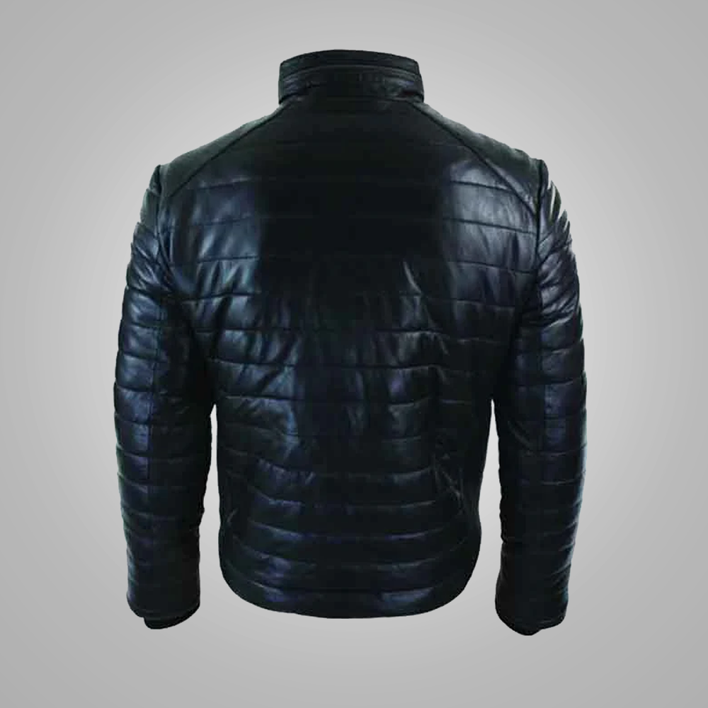 New Black Genuine Quilted Leather Puffer Zipped Jacket Casual For Men