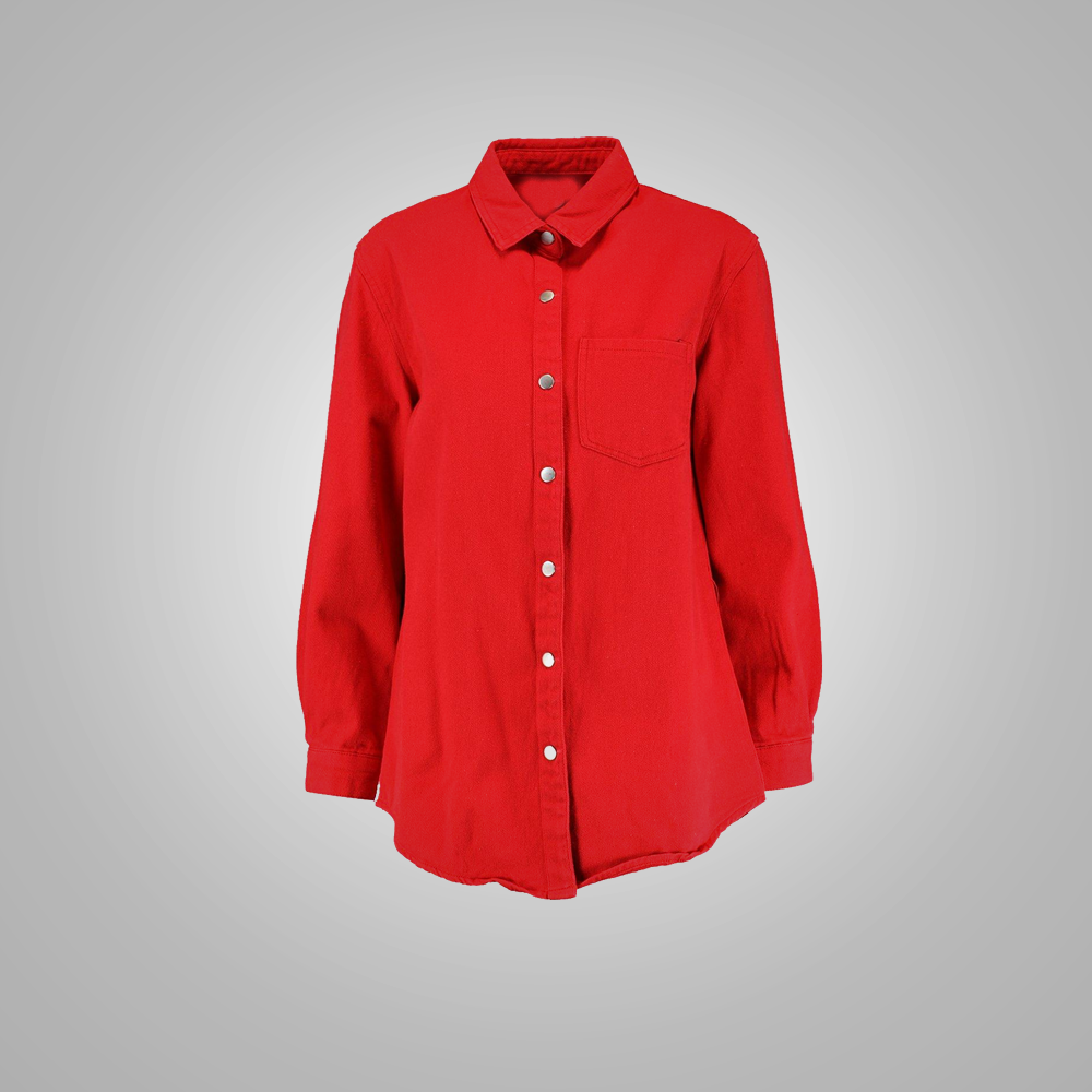 Women New Red Classic Buttoned Washed Cotton Denim Shirts