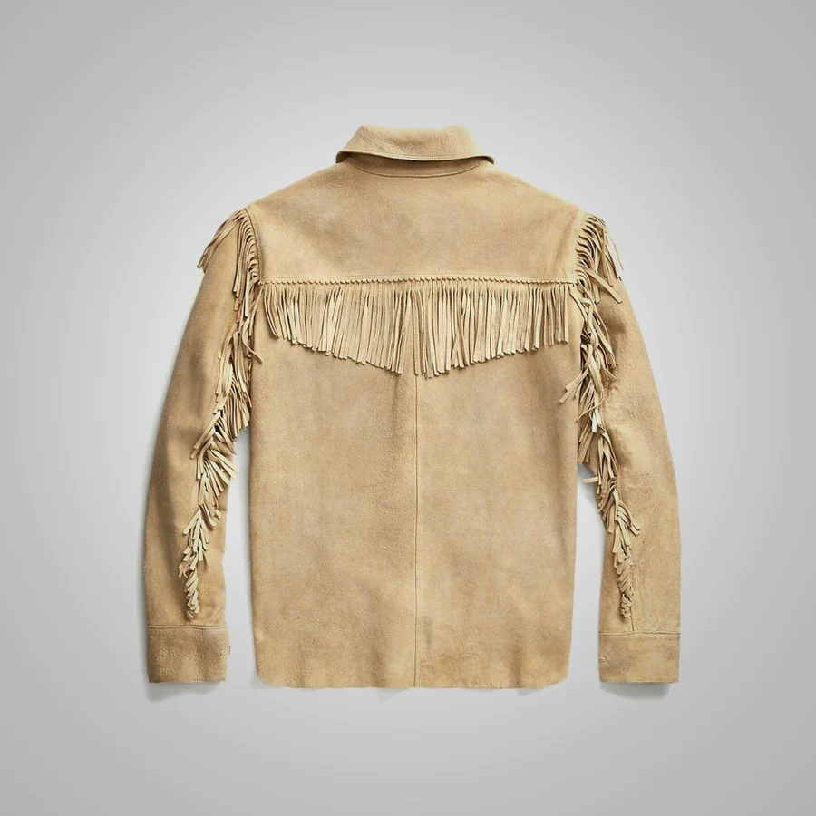 Mens Brown Western Suede Leather Jacket With Beads Fringes