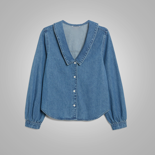 New Women Comfortable Denim Button-up Shirt in a Medium Blue wash With V Neck and Collar
