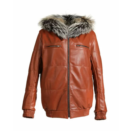 Reversible Fox Brown Leather Hooded Bomber Jacket