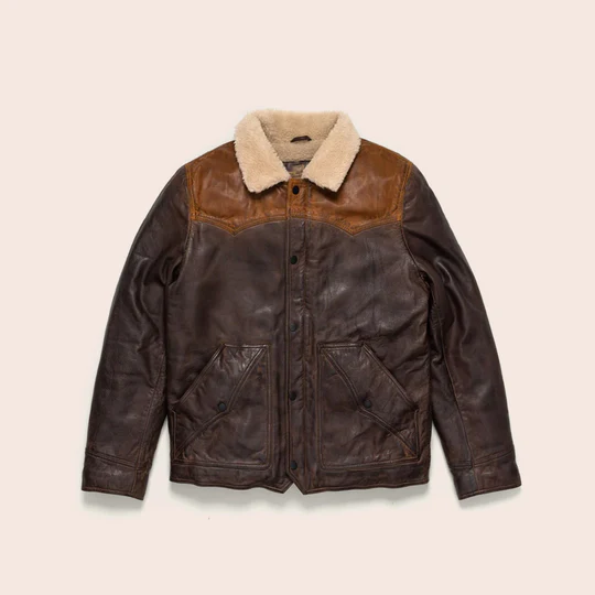 Men Lambskin Double Tone Brown Sherpa Western Genuine Leather Jacket