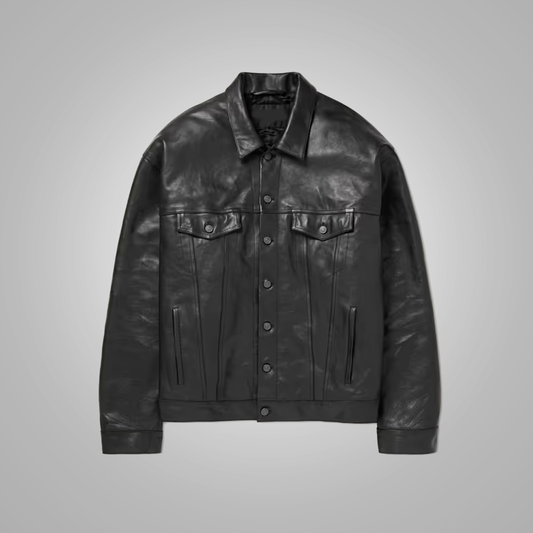 Mens Black Genuine Lambskin Trucker Leather Jacket