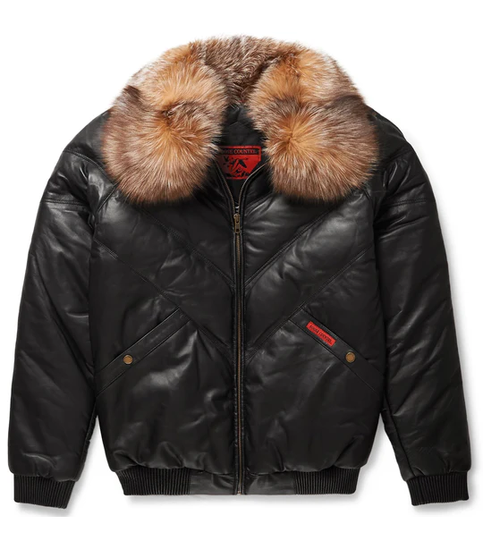 Men V-Bomber Jacket Black Leather Crystal Fox Fur
