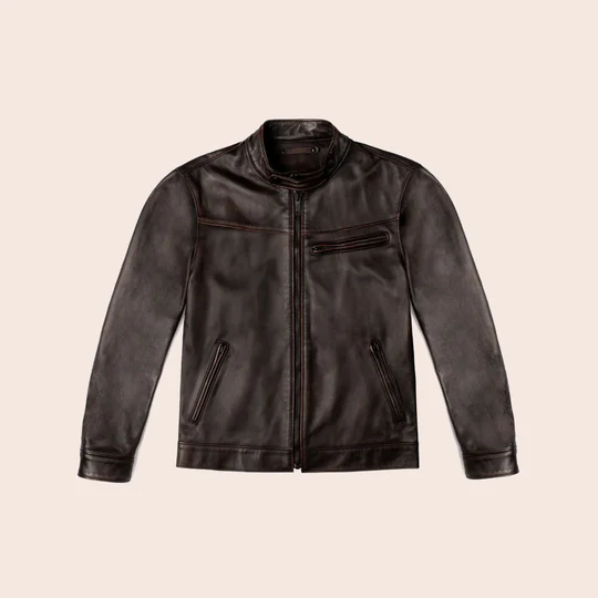 Mens Brown Sheepskin Cafe Racer Genuine Leather Motorbike Jacket