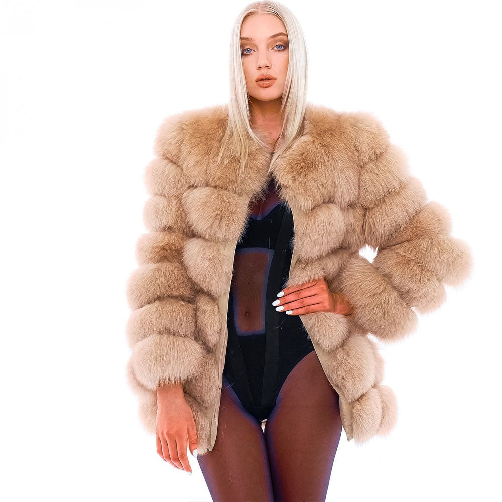 Womens Shearling Genuine Fox Fur Jacket In Caramel