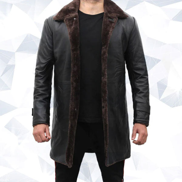 Chandler Mens Shearling Lined Black Leather Trench Coat