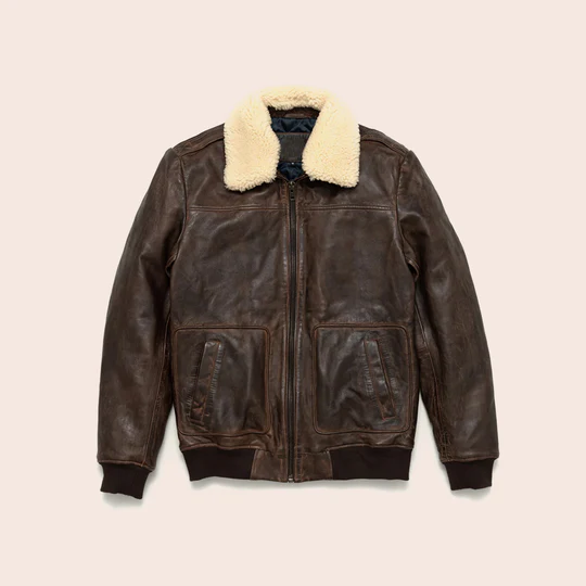 Men's Brown Vintage Sheepskin A2 Leather Shearling Bomber Jacket