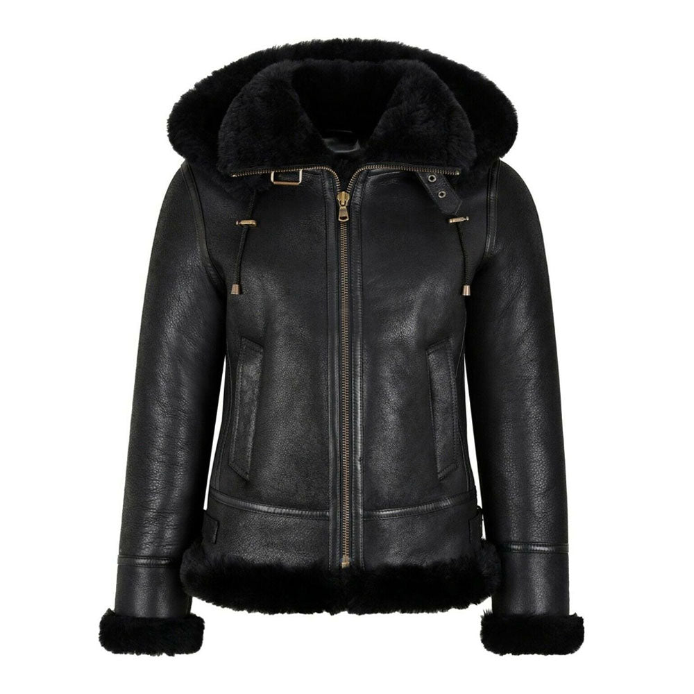 Womens B3 Bomber Hooded Classic Shearling Aviator Leather Jacket