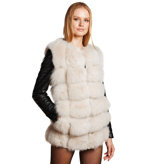 Womens Shearling Fox Fur Jacket with leather sleeves In Cream
