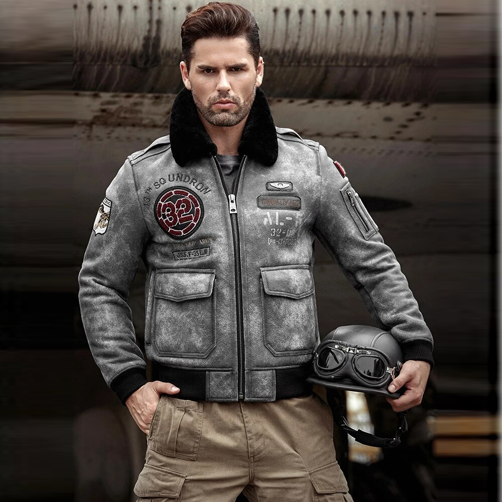 2022 Mens Gray Airforce Flight Embroidered Shearling Leather Jacket