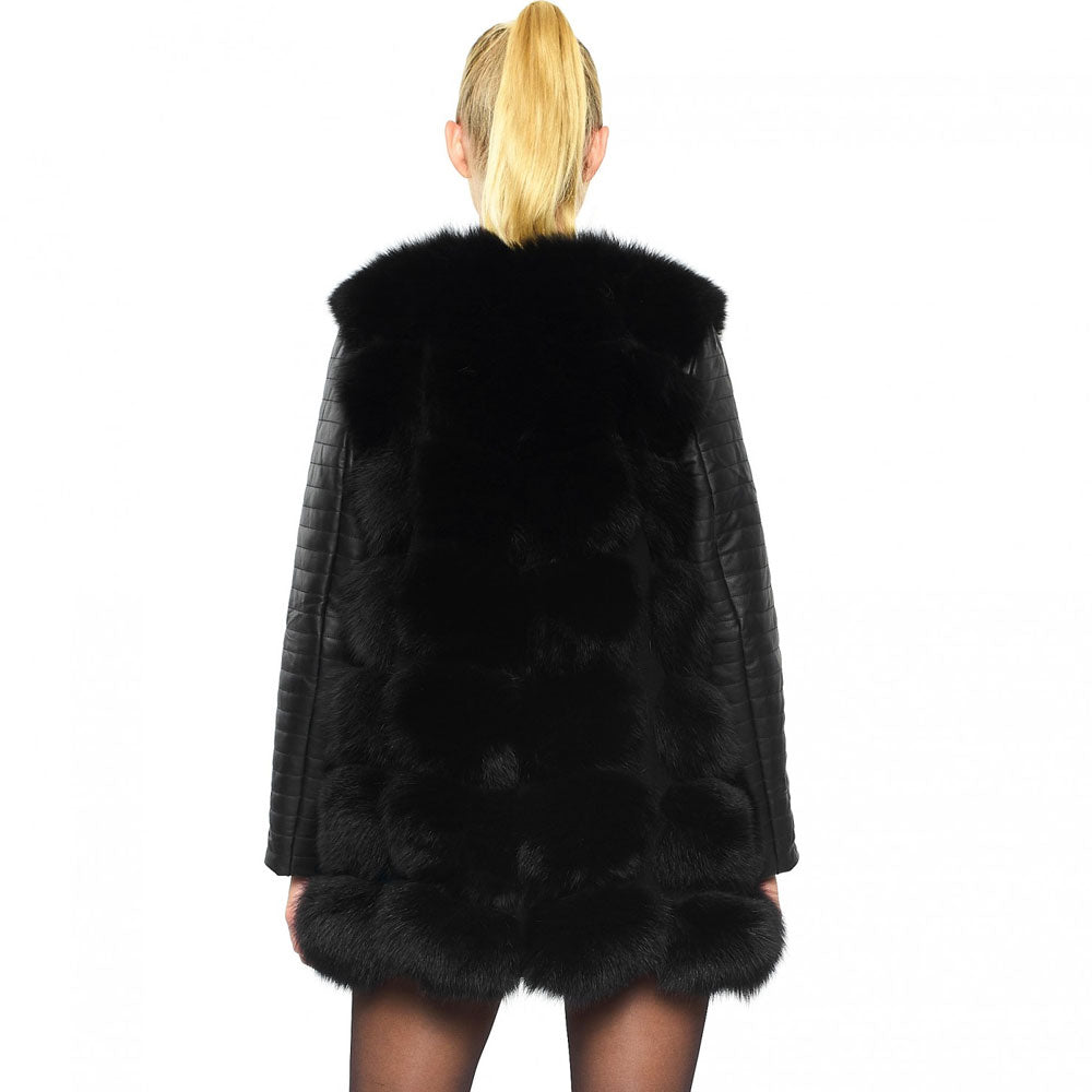 Womens Shearling Fox Fur Jacket with leather sleeves In Black