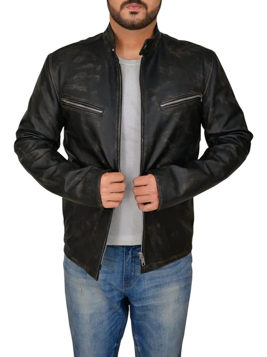 New Distressed Black Lambskin Motorbike Genuine Leather Jacket