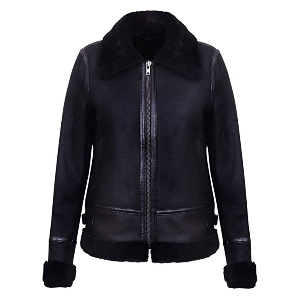Womens Black Shearling Faux Fur Genuine Sheepskin Aviator Leather Jacket
