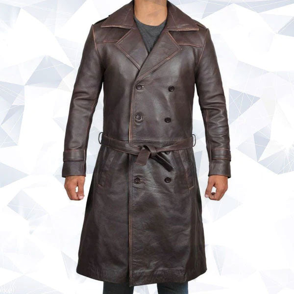 Mens Rorschach Distressed Brown Travelling Winter Long Leather Trench Coat