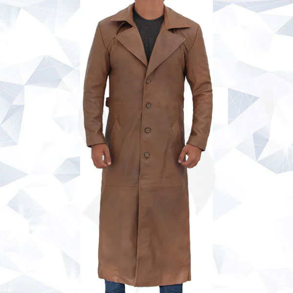 Jackson Mens Leather Long Brown Trench Coat