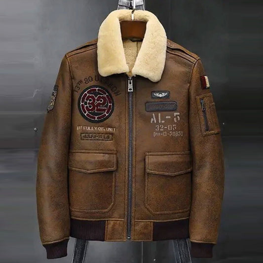 Mens B3 Flying Leather Coat Embroidered Bomber Jacket