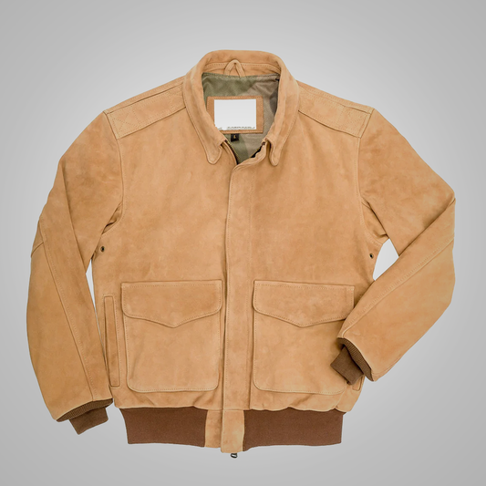 New Men Brown Sheepskin Distressed Aviator Leather Bomer Jacket