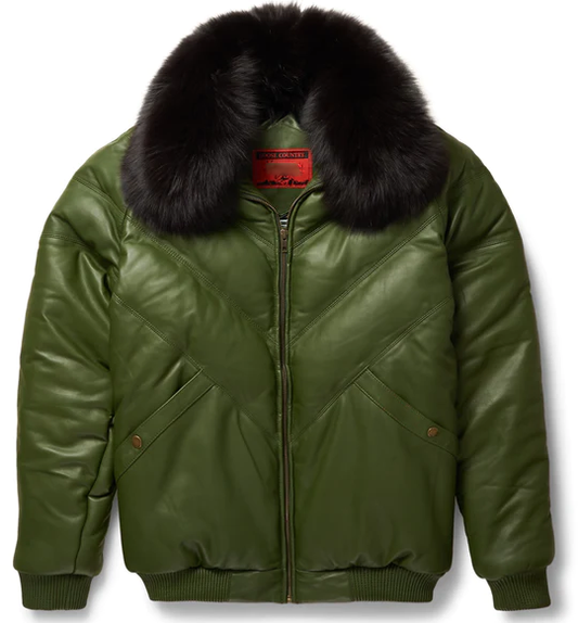 New Men Olive Leather V-Bomber Jacket With Black Fur
