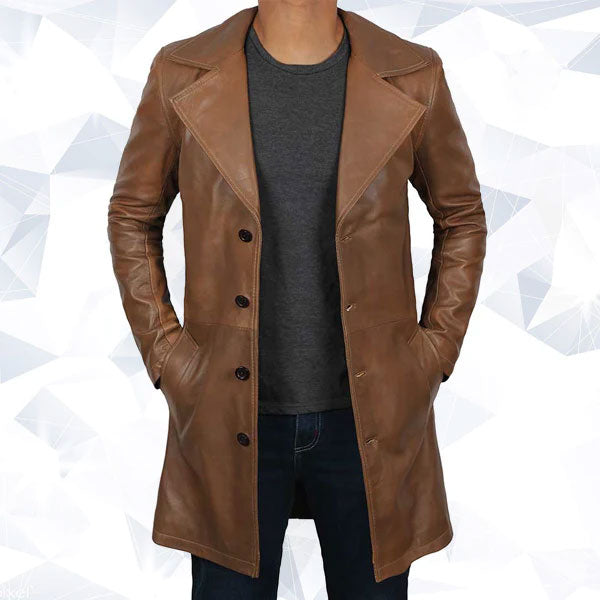 Mens Jackson Distressed Brown Winter Car Leather Trench Coat