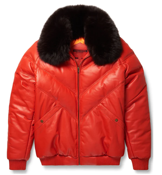 Men Orange Leather V-Bomber Jacket With Black fur
