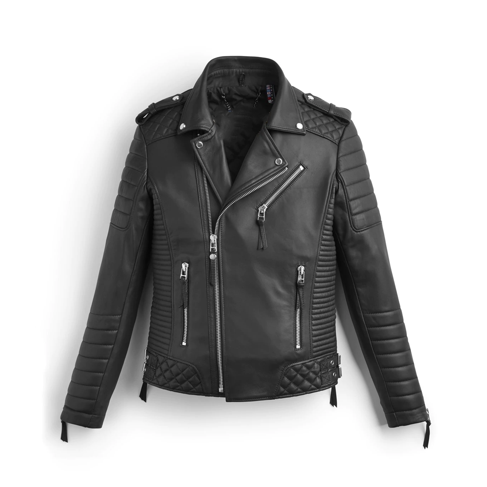 Black Motorcycle Leather Biker Jacket For Men - Biker Addition With Pattern
