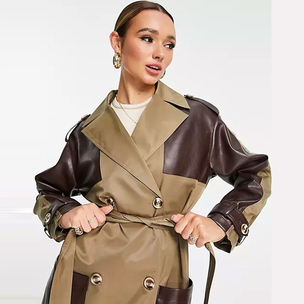 Trench coat with contrast leather