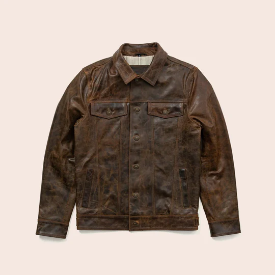 New Men Sheepskin Iconic Brown Trucker Genuine Leather Jacket