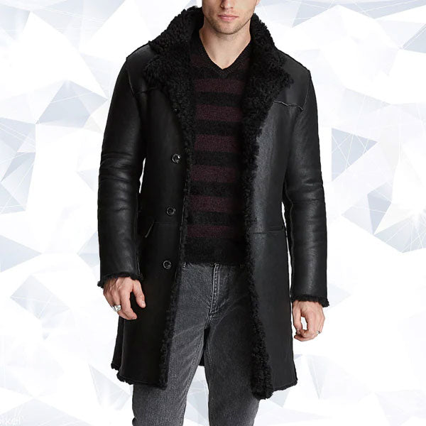 Mens Black Shearling Leather Trench Coat