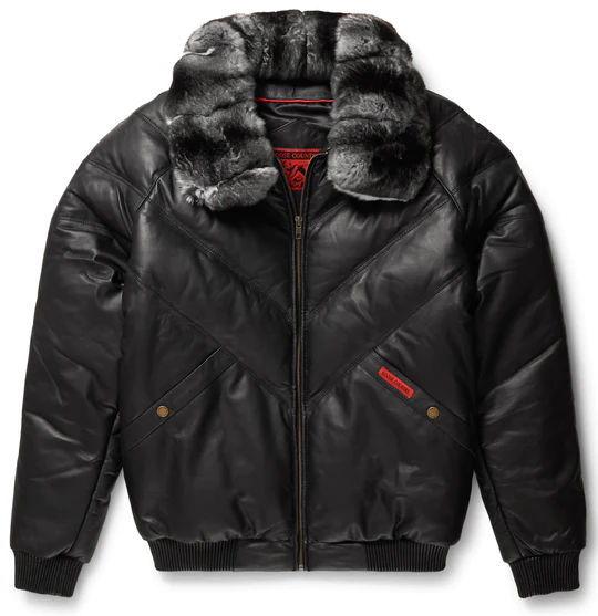 Black Leather V-Bomber Jacket for Men