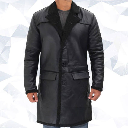 Rockville Mens Black Winter Shearling Leather Trench Coat