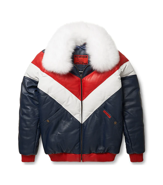 Men V-Bomber Jacket Multi Color Red/White/Blue With fur