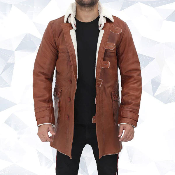 Mens Tan Bane Shearling Leather Trench Coat