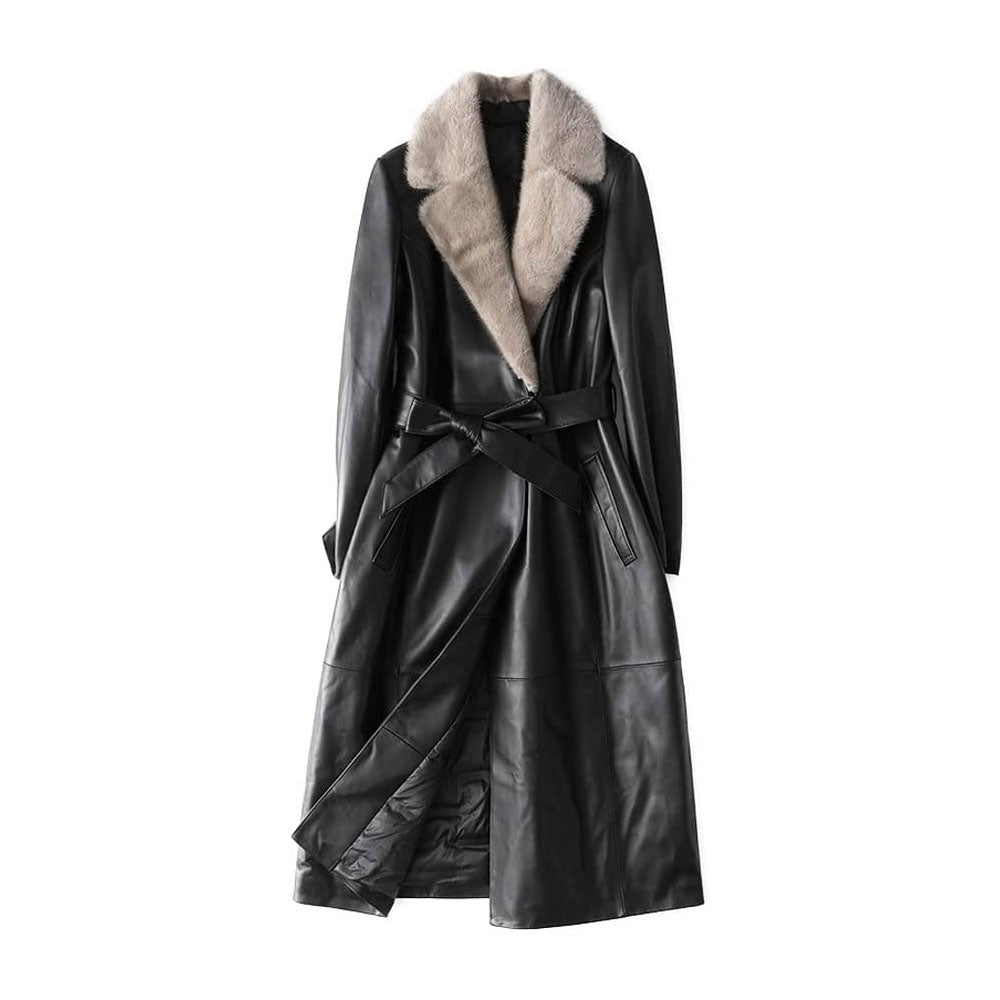 Oversized Black Faux Leather Trench Coat for Women Long Sleeve Belt Loose