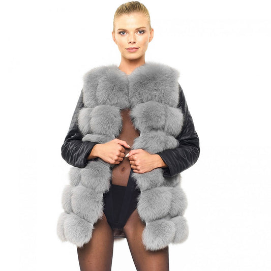 Womens Shearling Real Fox Fur Jacket with leather sleeves In Grey