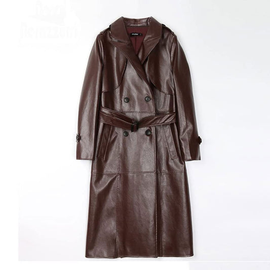Long Black Faux Leather Trench Coat for Women Long Sleeve Belt Double Breasted Plus