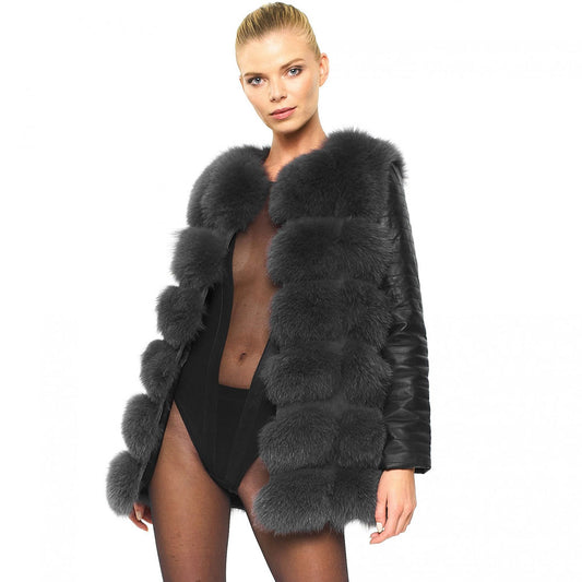 Womens Shearling Real Fox Fur Jacket with leather sleeves In Black