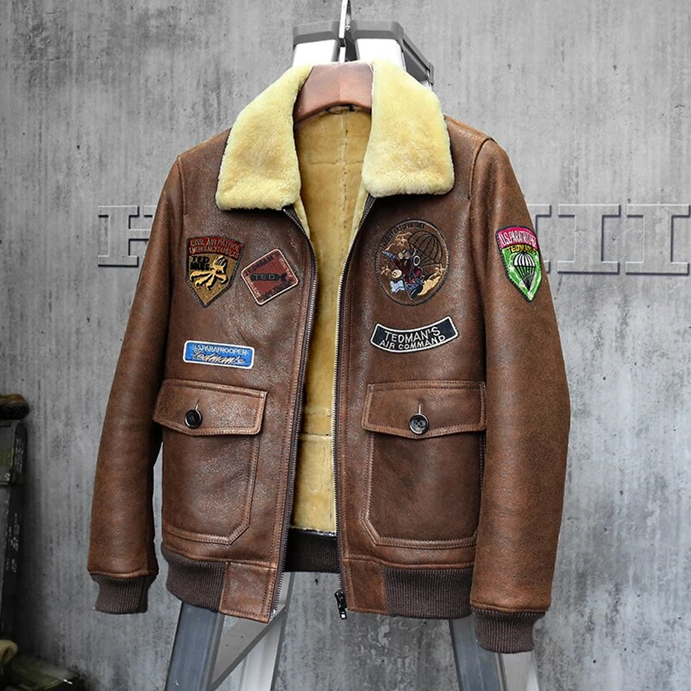 Men's Shearling Jacket Short Leather Jacket Mans Brown Sheepskin Aviator Fur Coat Lambs Fur Outerwear Flight Jacket