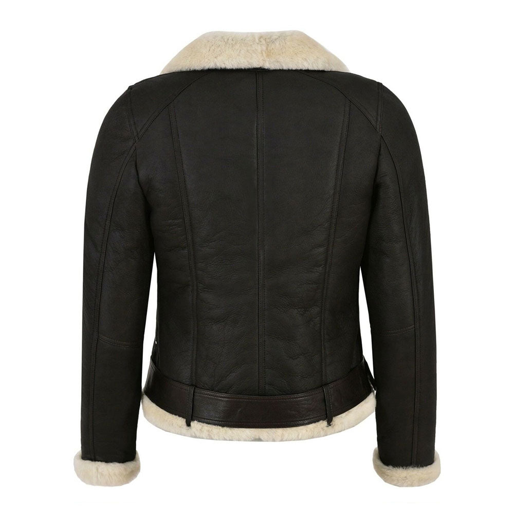 Womens Real Black Leather Faux Fur Aviator Biker Jacket