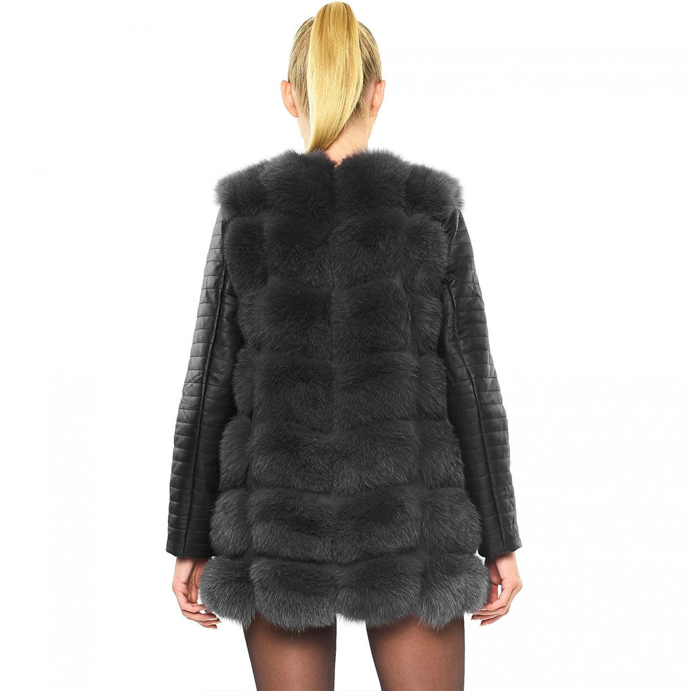 Womens Shearling Real Fox Fur Jacket with leather sleeves In Black