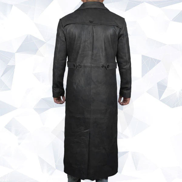 Mens Leather Black Winter Trench Coat - Full Length Overcoat