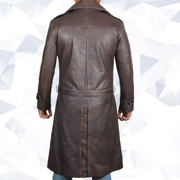 Mens Rorschach Distressed Brown Travelling Winter Long Leather Trench Coat