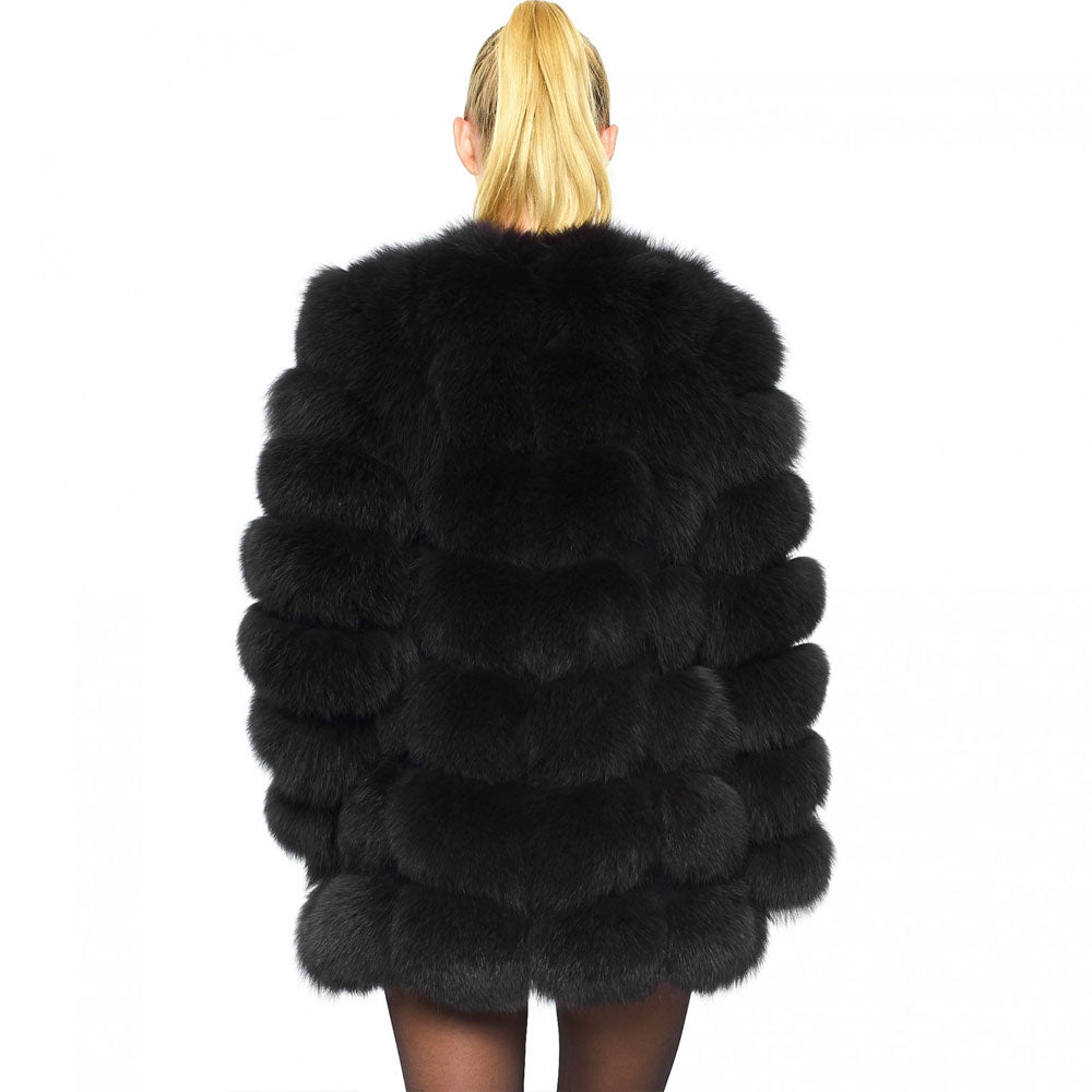 Womens Shearling Real Fox Fur Jacket In Black