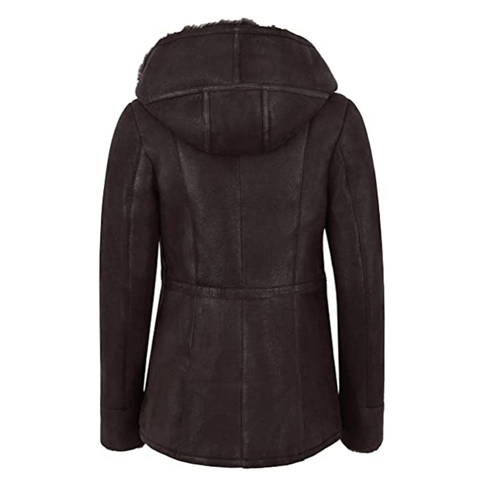 Womens Black Hooded Faux Fur Shearling Long Aviator Leather Jacket