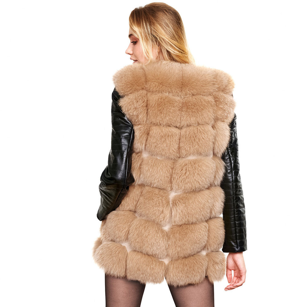 Womens Shearling Fox Fur Jacket with leather sleeves In Caramel