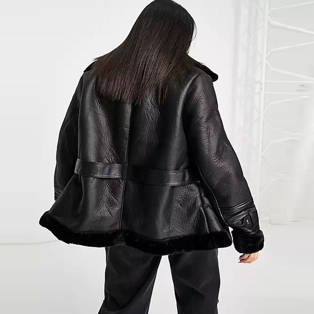 Womens Island Plus Belted Faux Fur Black Aviator Leather Jacket
